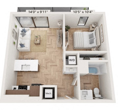 Floor plan for 1 bed, 1 bath, 591 sqft